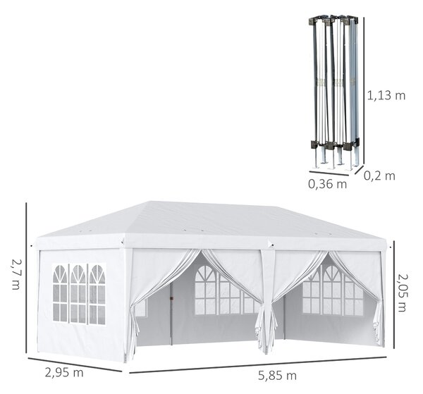 Skládací altán Outsunny 6x3x2,7m - Skládací zahradní stan se 4 panely, 4 okny a 2 zipovými dveřmi, 1 UV-odolnou vodotěsnou taškou na outdoor balkon ne
