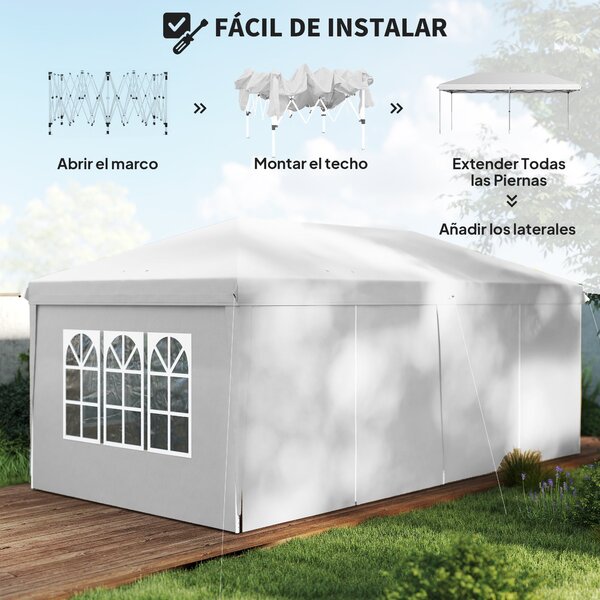 Skládací altán Outsunny 6x3x2,7m - Skládací zahradní stan se 4 panely, 4 okny a 2 zipovými dveřmi, 1 UV-odolnou vodotěsnou taškou na outdoor balkon ne