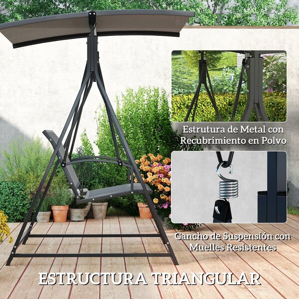 Zahradní houpačka Outsunny 2-místná s nastavitelnou stříškou 90° UV ochrana 30+ a trojúhelníkovým kovovým rámem nosnost 220 kg 160x112x162 cm Tmavě še