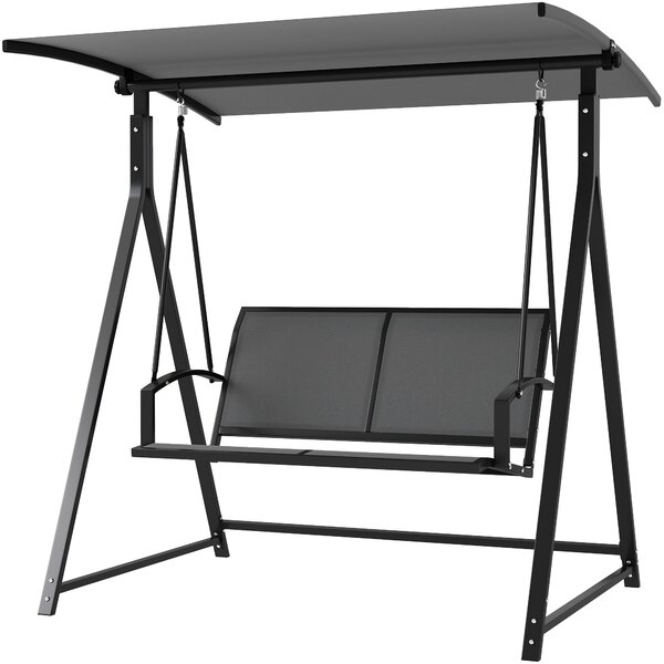 Zahradní houpačka Outsunny 2-místná s nastavitelnou stříškou 90° UV ochrana 30+ a trojúhelníkovým kovovým rámem nosnost 220 kg 160x112x162 cm Tmavě še
