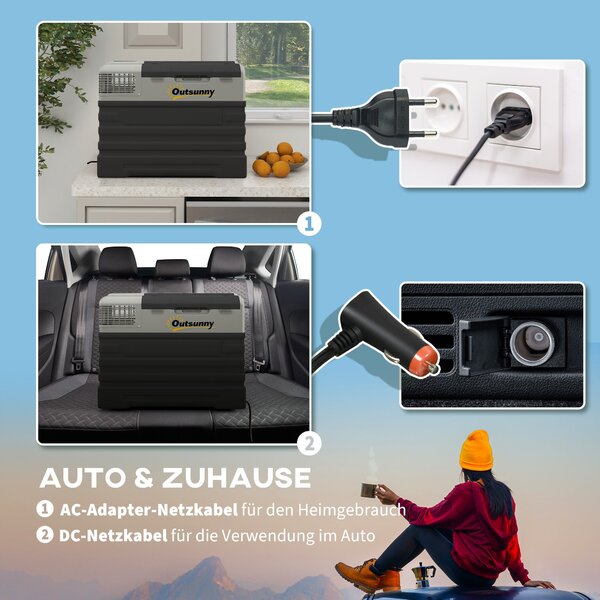 Outsunny 56 Litrová Elektrická Chladící Skříň s Kompresorem, ECO Mód, Funkce Chlazení, Mrazící Skříň, Thermobox, Mini Chladnička 12/240 Volt pro Auto