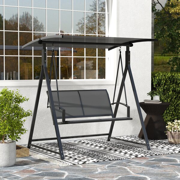 Zahradní houpačka Outsunny 2-místná s nastavitelnou stříškou 90° UV ochrana 30+ a trojúhelníkovým kovovým rámem nosnost 220 kg 160x112x162 cm Tmavě še
