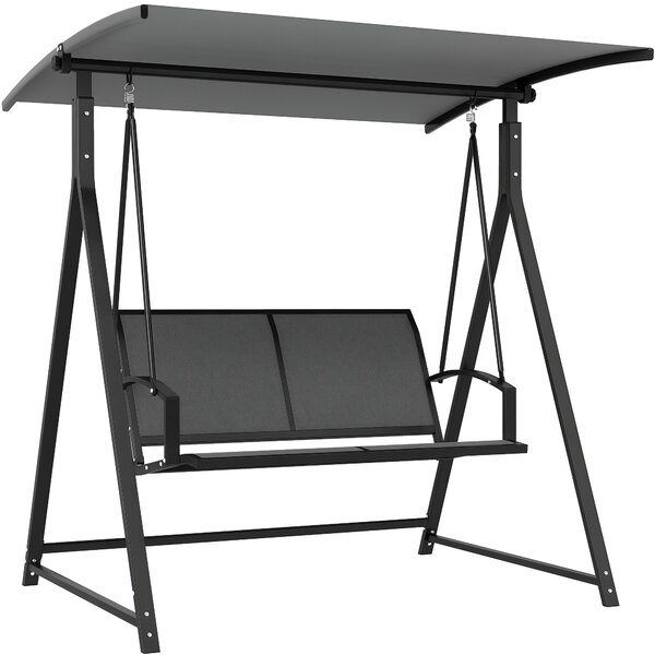 Zahradní houpačka Outsunny 2-místná s nastavitelnou stříškou 90° UV ochrana 30+ a trojúhelníkovým kovovým rámem nosnost 220 kg 160x112x162 cm Tmavě še