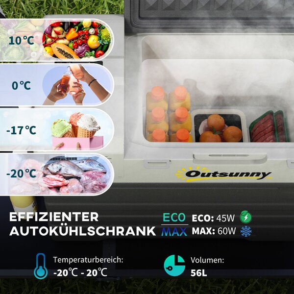 Outsunny 56 Litrová Elektrická Chladící Skříň s Kompresorem, ECO Mód, Funkce Chlazení, Mrazící Skříň, Thermobox, Mini Chladnička 12/240 Volt pro Auto