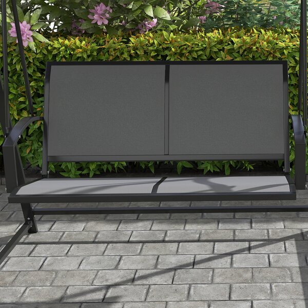 Zahradní houpačka Outsunny 2-místná s nastavitelnou stříškou 90° UV ochrana 30+ a trojúhelníkovým kovovým rámem nosnost 220 kg 160x112x162 cm Tmavě še