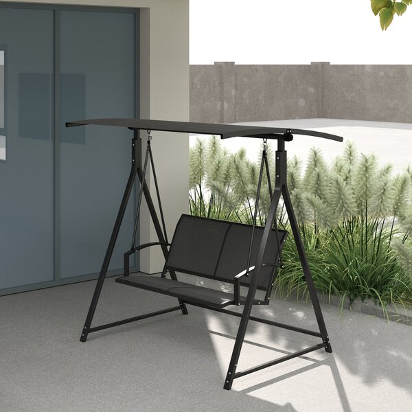 Zahradní houpačka Outsunny 2-místná s nastavitelnou stříškou 90° UV ochrana 30+ a trojúhelníkovým kovovým rámem nosnost 220 kg 160x112x162 cm Tmavě še
