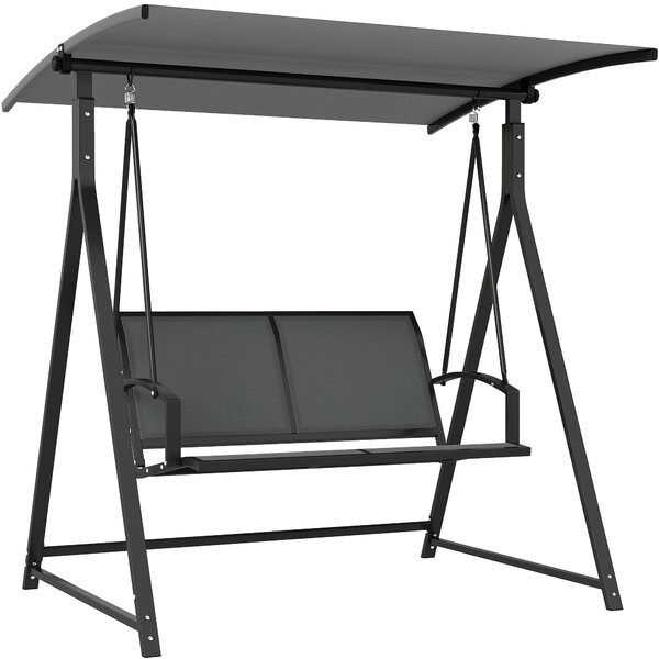 Zahradní houpačka Outsunny 2-místná s nastavitelnou stříškou 90° UV ochrana 30+ a trojúhelníkovým kovovým rámem nosnost 220 kg 160x112x162 cm Tmavě še