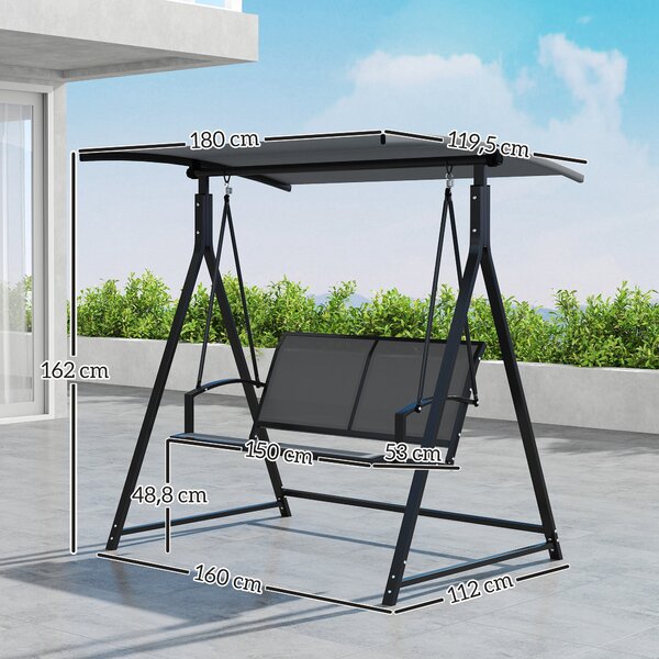 Zahradní houpačka Outsunny 2-místná s nastavitelnou stříškou 90° UV ochrana 30+ a trojúhelníkovým kovovým rámem nosnost 220 kg 160x112x162 cm Tmavě še