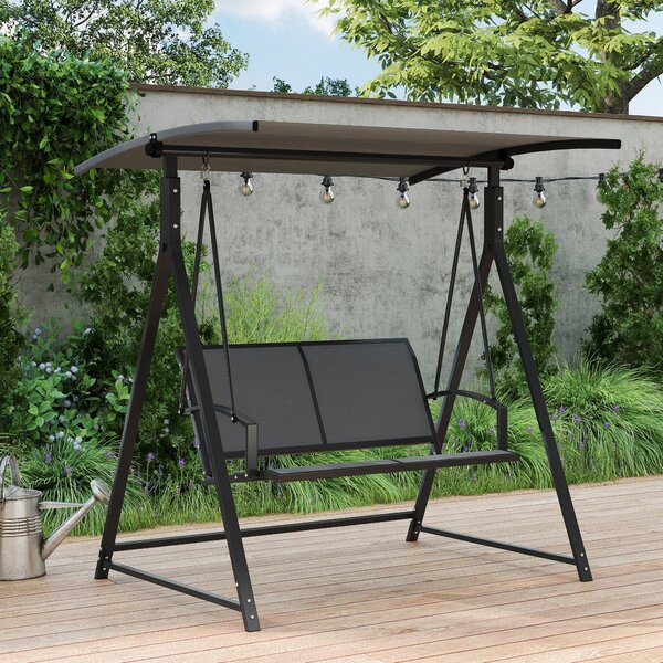 Zahradní houpačka Outsunny 2-místná s nastavitelnou stříškou 90° UV ochrana 30+ a trojúhelníkovým kovovým rámem nosnost 220 kg 160x112x162 cm Tmavě še