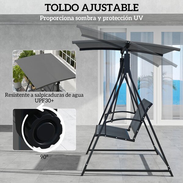Zahradní houpačka Outsunny 2-místná s nastavitelnou stříškou 90° UV ochrana 30+ a trojúhelníkovým kovovým rámem nosnost 220 kg 160x112x162 cm Tmavě še