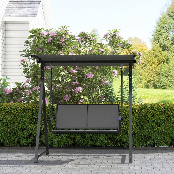 Zahradní houpačka Outsunny 2-místná s nastavitelnou stříškou 90° UV ochrana 30+ a trojúhelníkovým kovovým rámem nosnost 220 kg 160x112x162 cm Tmavě še