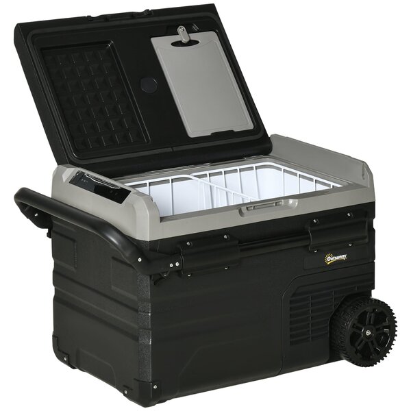 Outsunny Přenosná Chladící Bedna 40L s LED Osvětlením a Kompresorem, Auto Chladnička s Rukojetí, Kolečky pro Lodě, Karavany, Cestování 12/24V DC a 110