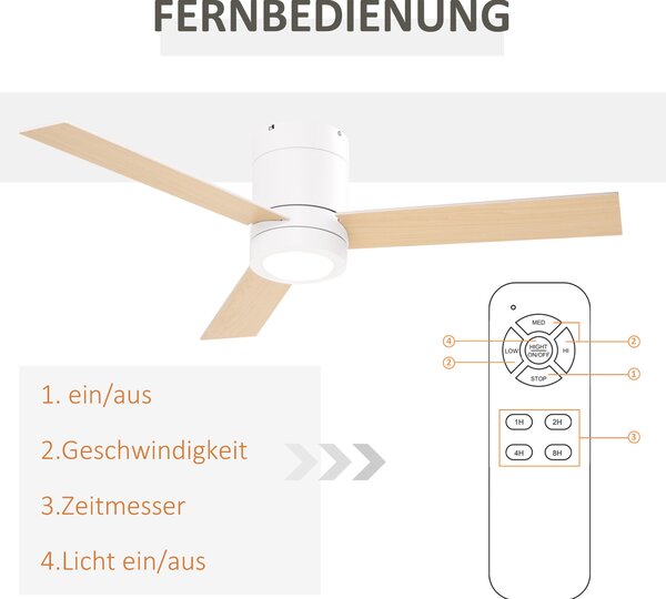 HOMCOM Stropní Ventilátor s Osvětlením, Dálkové Ovládání, 48W Stropní Světlo s Ventilátorem, 112 cm Tichý Stropní Lampa s Nastavitelným Osvětlením a Č