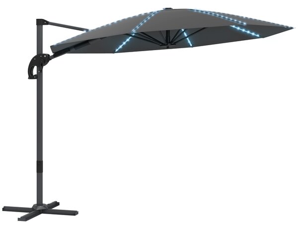 Outsunny Hliníkový Slunečník s Bočním Stojanem LED Solární Ø300cm Výškově Nastavitelný Slunečník s Kličkou UV50+ Voděodolný 360° Otočný Tržišní Sluneč