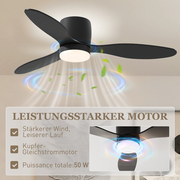 Stropní ventilátor HOMCOM s osvětlením a dálkovým ovládáním 115 cm s LED lampou, Reverzibilní DC motor, 3 ABS lopatky, 3 barvy světla, 6 rychlostí, ča