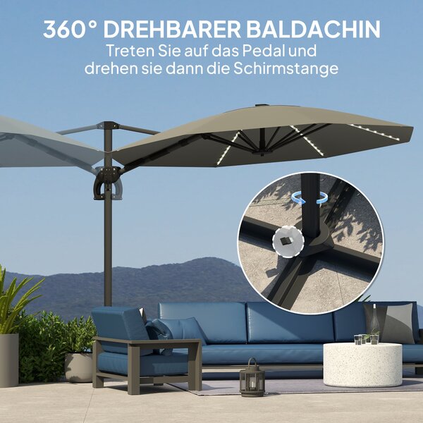 Outsunny Hliníkový Slunečník s Bočním Stojanem LED Solární Ø300cm Výškově Nastavitelný Slunečník s Kličkou UV50+ Voděodolný 360° Otočný Tržišní Sluneč