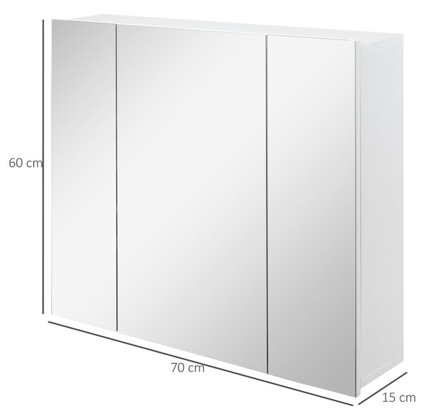 Kleankin koupelnová skříňka se zrcadlem - nástěnná koupelnová skříňka se 3 dvířky a nastavitelnými policemi 70x15x60 cm bílá | Aosom