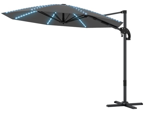 Outsunny Hliníkový Slunečník s Bočním Stojanem LED Solární Ø300cm Výškově Nastavitelný Slunečník s Kličkou UV50+ Voděodolný 360° Otočný Tržišní Sluneč