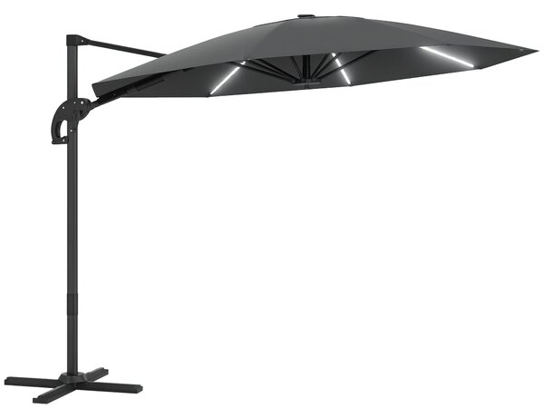 Outsunny Hliníkový Slunečník s Bočním Stojanem LED Solární Ø300cm Výškově Nastavitelný Slunečník s Kličkou UV50+ Voděodolný 360° Otočný Tržišní Sluneč