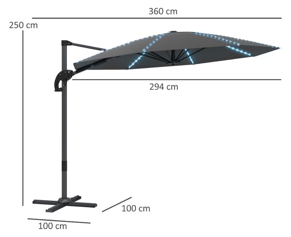 Outsunny Hliníkový Slunečník s Bočním Stojanem LED Solární Ø300cm Výškově Nastavitelný Slunečník s Kličkou UV50+ Voděodolný 360° Otočný Tržišní Sluneč