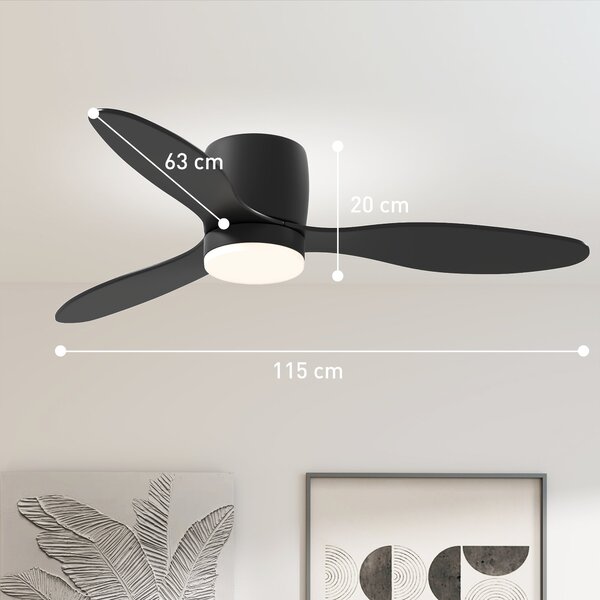 Stropní ventilátor HOMCOM s osvětlením a dálkovým ovládáním 115 cm s LED lampou, Reverzibilní DC motor, 3 ABS lopatky, 3 barvy světla, 6 rychlostí, ča