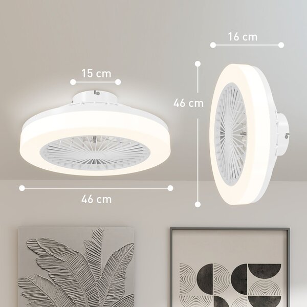 HOMCOM Stropní ventilátor s osvětlením a dálkovým ovládáním, Ø46 cm, 40W stmívatelné LED stropní světlo s ventilátorem, 6 rychlostí, časovač, reverzib