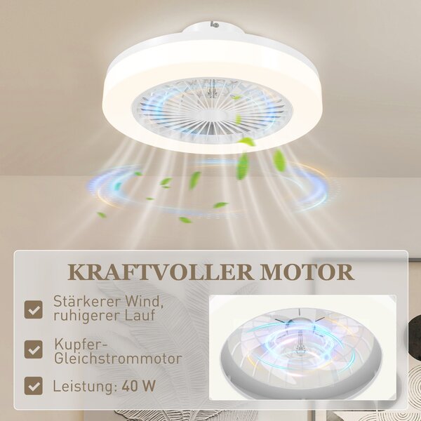 HOMCOM Stropní ventilátor s osvětlením a dálkovým ovládáním, Ø46 cm, 40W stmívatelné LED stropní světlo s ventilátorem, 6 rychlostí, časovač, reverzib
