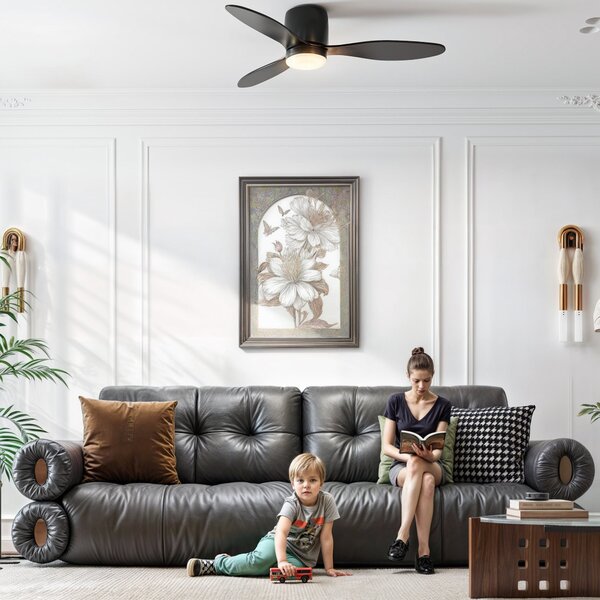 Stropní ventilátor HOMCOM s osvětlením a dálkovým ovládáním 115 cm s LED lampou, Reverzibilní DC motor, 3 ABS lopatky, 3 barvy světla, 6 rychlostí, ča