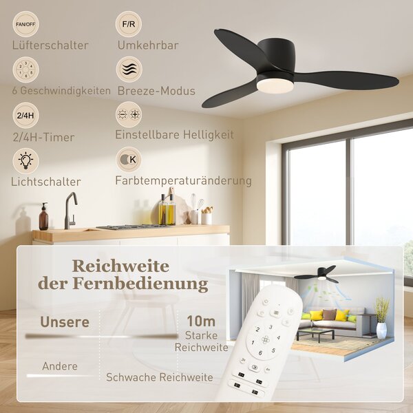 Stropní ventilátor HOMCOM s osvětlením a dálkovým ovládáním 115 cm s LED lampou, Reverzibilní DC motor, 3 ABS lopatky, 3 barvy světla, 6 rychlostí, ča