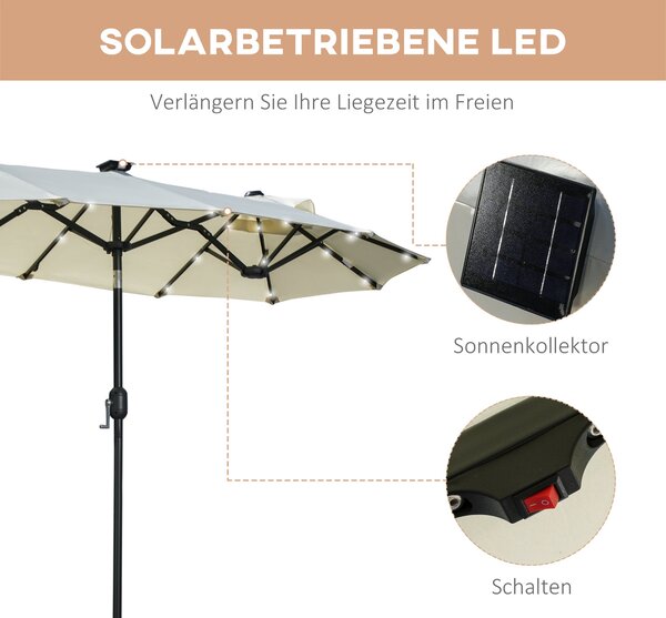 Outsunny Dvoumístný sluneční deštník, 295 x 219 cm, sluneční deštník s LED světly, oválný, větruodolný zahradní deštník, robustní, tržní deštník s nas