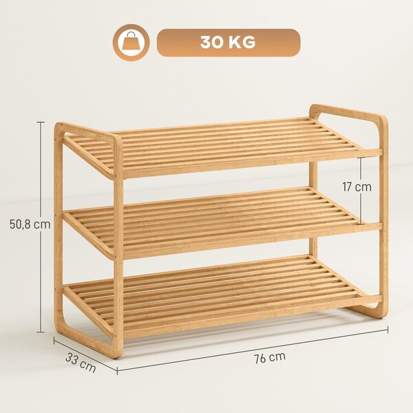 HOMCOM 3-patrový botník z bambusu pro 12 párů bot - Organizér do vstupní haly 76x33x50,8 cm Přírodní | Aosom