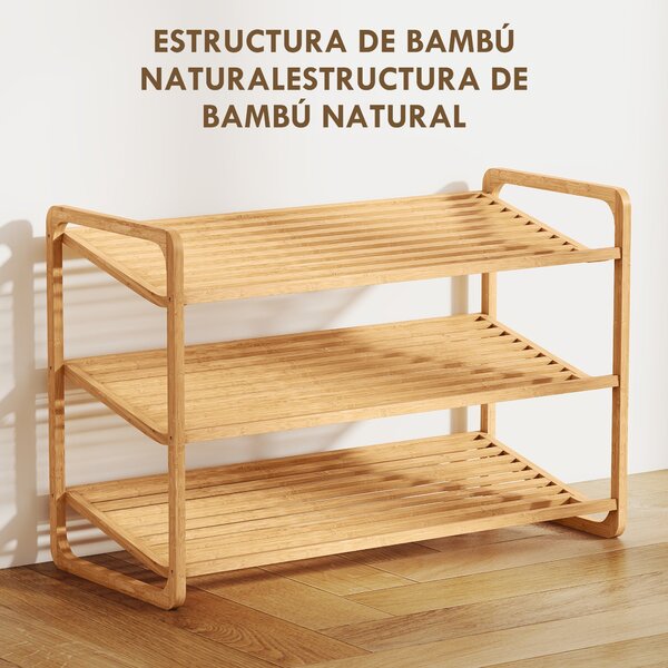 HOMCOM 3-patrový botník z bambusu pro 12 párů bot - Organizér do vstupní haly 76x33x50,8 cm Přírodní | Aosom
