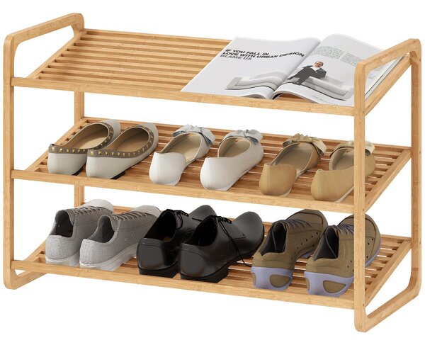 HOMCOM 3-patrový botník z bambusu pro 12 párů bot - Organizér do vstupní haly 76x33x50,8 cm Přírodní | Aosom
