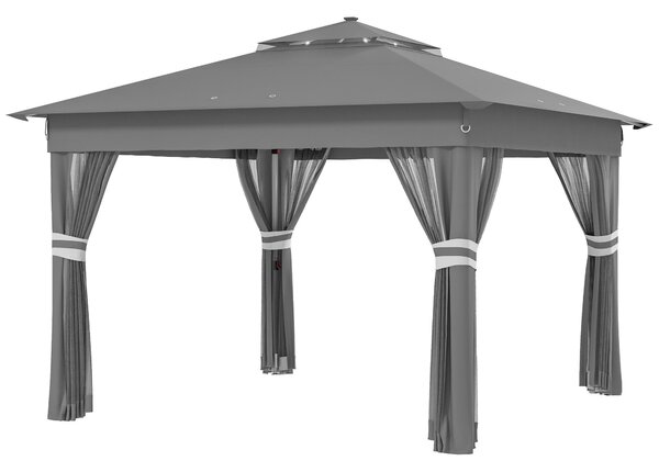 Skládací altán Outsunny přibližně 3 x 3 m, altán s LED, 4 síťované závěsy, boční stěna, zahradní altán s vodní taškou, dvouplášťová konstrukce, nosná