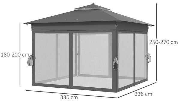 Skládací altán Outsunny přibližně 3 x 3 m, altán s LED, 4 síťované závěsy, boční stěna, zahradní altán s vodní taškou, dvouplášťová konstrukce, nosná