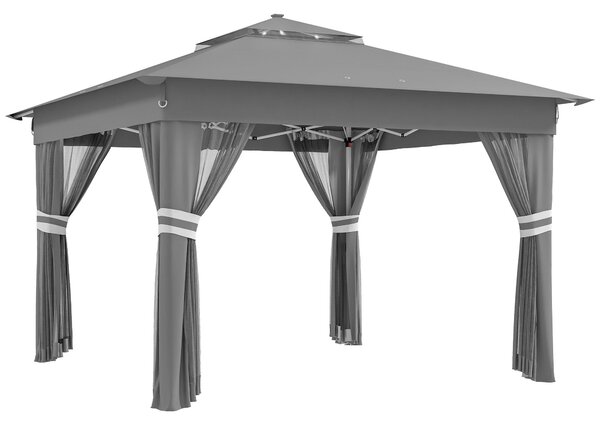 Skládací altán Outsunny přibližně 3 x 3 m, altán s LED, 4 síťované závěsy, boční stěna, zahradní altán s vodní taškou, dvouplášťová konstrukce, nosná