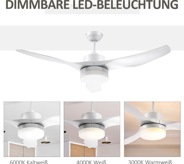 HOMCOM Stropní ventilátor s osvětlením, Reverzibilní LED stropní světlo s ventilátorem, 6 rychlostí, 3 barevná světla, Stropní lampa s dálkovým ovládá