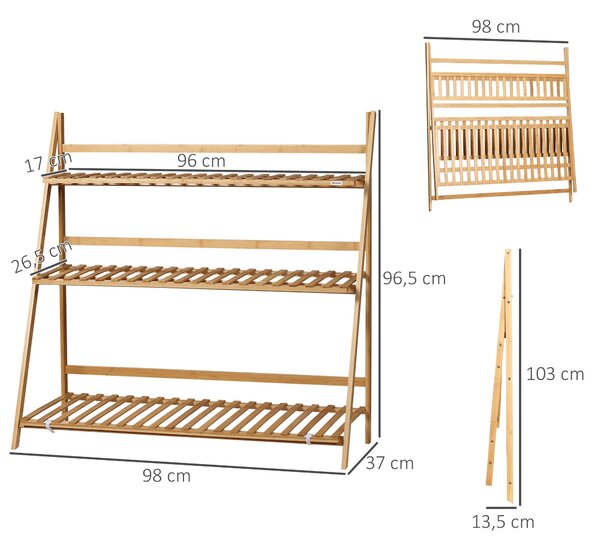 Outsunny 3-podlažní stojan na rostliny z bambusu - sklápěcí regál na květiny pro vnitřní a venkovní použití 98x37x96,5 cm | Aosom