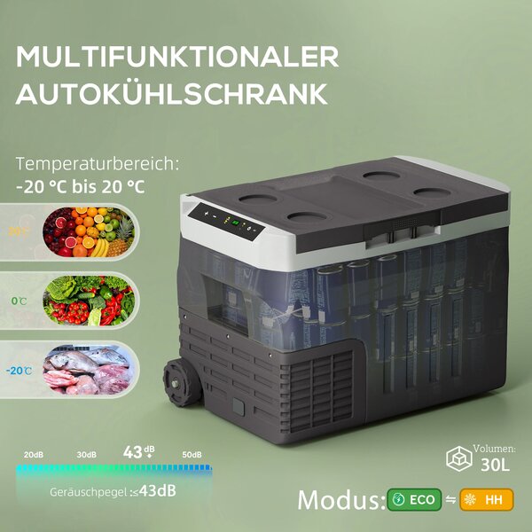Outsunny 30 Litrová Chladnička s Kompresorem – Elektrická Lednice s LED ECO Módem, Chladící Funkce, Mraznička, Termobox, Mini Lednice 12/230 Volt pro