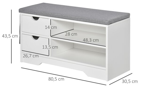 HOMCOM Botník s Sedadlem, 2 Poličkami, Odnímatelným Polštářem a 2 Zásuvkami. Předsíňová Lavice pro 4 Pairs Bot pro Moderní Předsíň 80,5x30,5x43,5 cm B