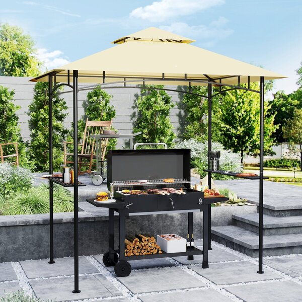 Grilovací altán Outsunny s LED osvětlením 240 x 150 x 258 cm, vodoodpudivý a nehořlavý zahradní altán s dvouvrstvou střechou, bočními policemi, pergol