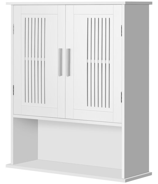 Kleankin Nástěnná Koupelnová Skříňka Multifunkční Visící Koupelnový Nábytek S Úložným Prostorem a 2 Dveřmi se Šikmými Policemi 60x20x70 cm Bílá | Aoso