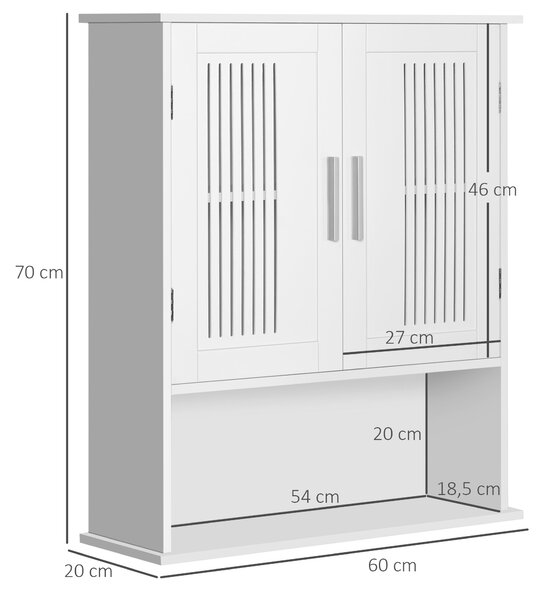 Kleankin Nástěnná Koupelnová Skříňka Multifunkční Visící Koupelnový Nábytek S Úložným Prostorem a 2 Dveřmi se Šikmými Policemi 60x20x70 cm Bílá | Aoso