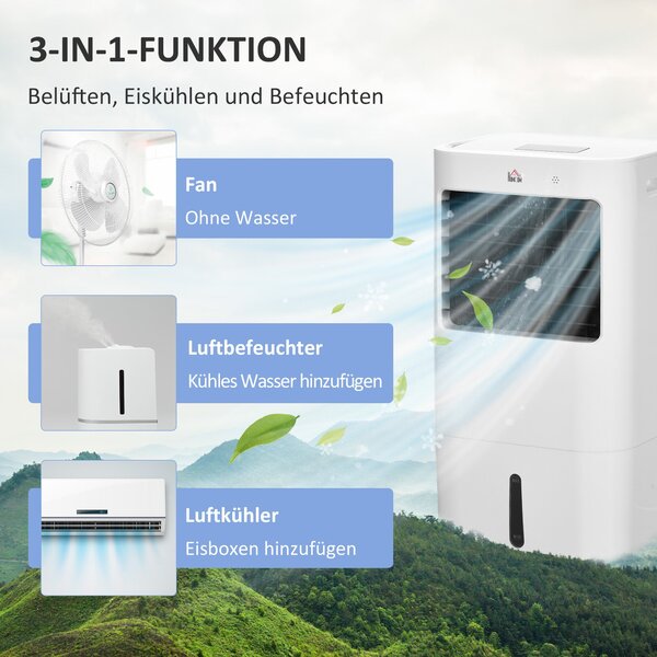 HOMCOM 3 v 1 Mobilní Klimatizace s Humidifikací a Chlazením Vody 15L, 60° Oscilující Klimatizační Jednotka 65W s Časovačem na 8h, Dálkovým Ovládáním