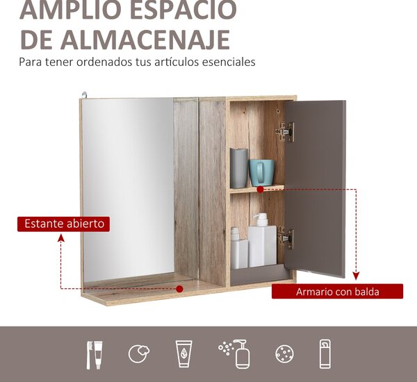 HOMCOM Koupelnová skříňka se zrcadlem, nástěnný pomocný nábytek s 1 dveřmi a nastavitelnou policí, moderní styl 57x14,2x49,2 cm, dubová a šedá | Aosom