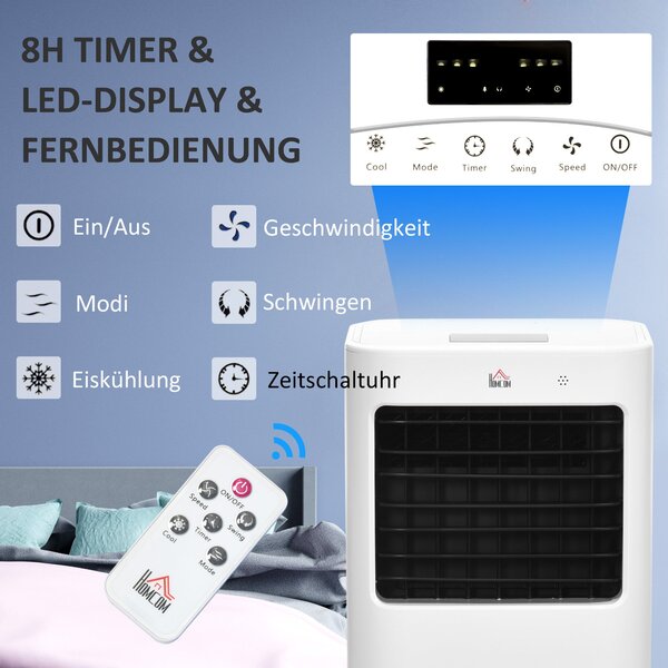 HOMCOM 3 v 1 Mobilní Klimatizace s Humidifikací a Chlazením Vody 15L, 60° Oscilující Klimatizační Jednotka 65W s Časovačem na 8h, Dálkovým Ovládáním