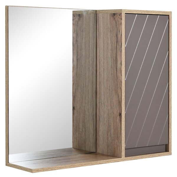 HOMCOM Koupelnová skříňka se zrcadlem, nástěnný pomocný nábytek s 1 dveřmi a nastavitelnou policí, moderní styl 57x14,2x49,2 cm, dubová a šedá | Aosom