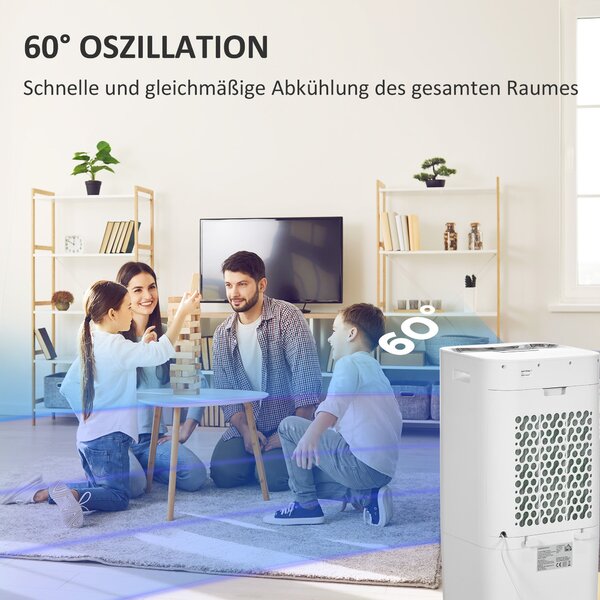 HOMCOM 3 v 1 Mobilní Klimatizace s Humidifikací a Chlazením Vody 15L, 60° Oscilující Klimatizační Jednotka 65W s Časovačem na 8h, Dálkovým Ovládáním