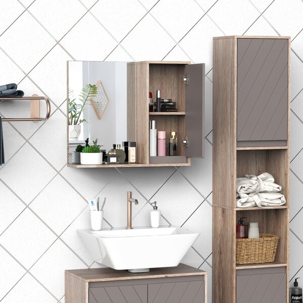 HOMCOM Koupelnová skříňka se zrcadlem, nástěnný pomocný nábytek s 1 dveřmi a nastavitelnou policí, moderní styl 57x14,2x49,2 cm, dubová a šedá | Aosom
