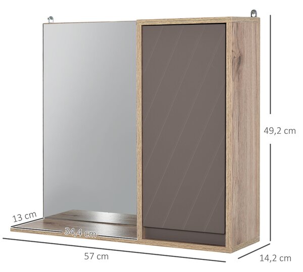 HOMCOM Koupelnová skříňka se zrcadlem, nástěnný pomocný nábytek s 1 dveřmi a nastavitelnou policí, moderní styl 57x14,2x49,2 cm, dubová a šedá | Aosom